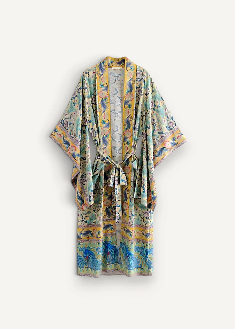 A flowing light green and yellow patterned silk floral kimono beach cover up with intricate bird and floral motifs