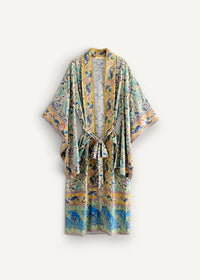A flowing light green and yellow patterned silk floral kimono beach cover up with intricate bird and floral motifs