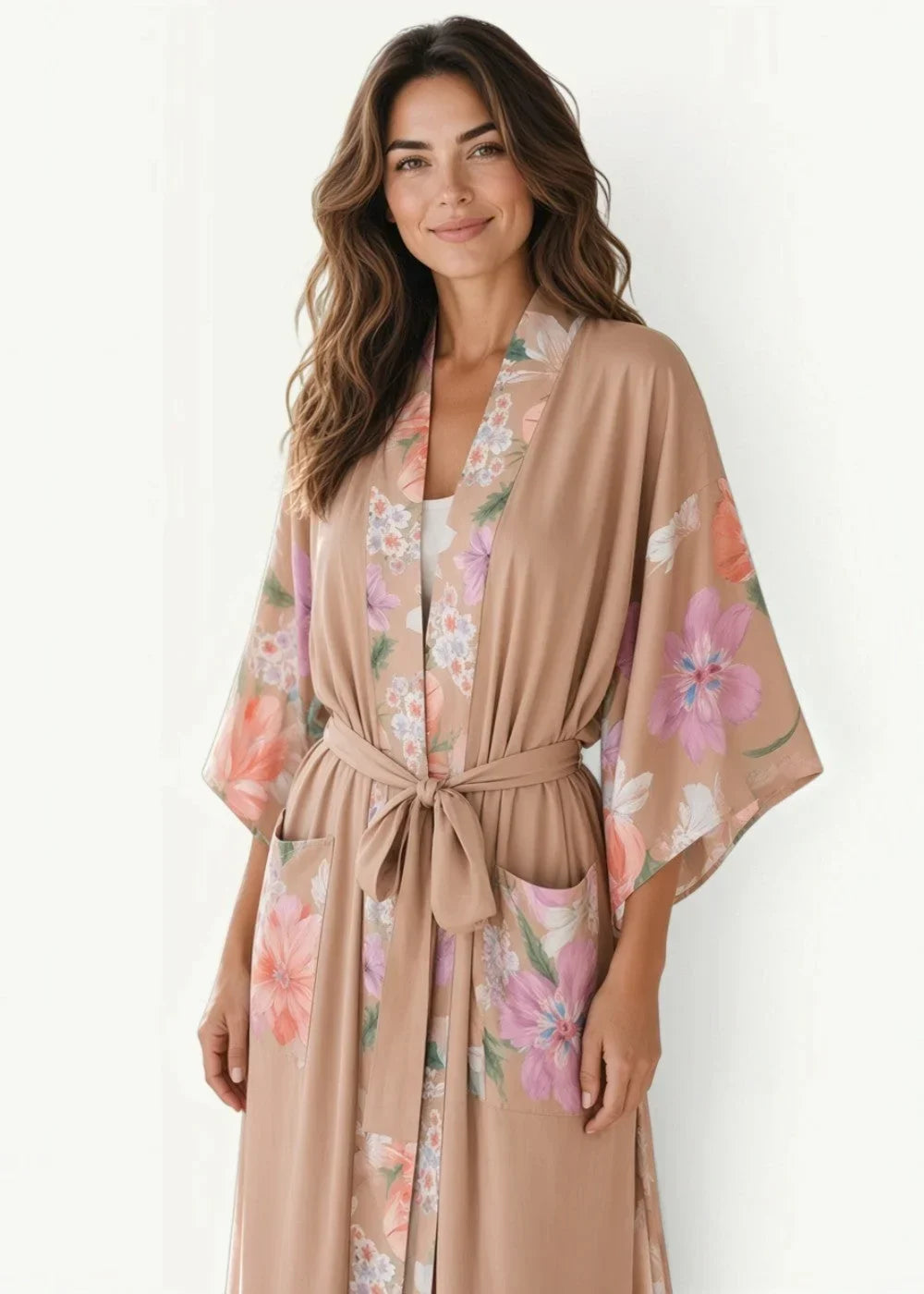 Floral kimono cardigan long with soft beige lightweight fabric featuring pink and peach floral prints on the front