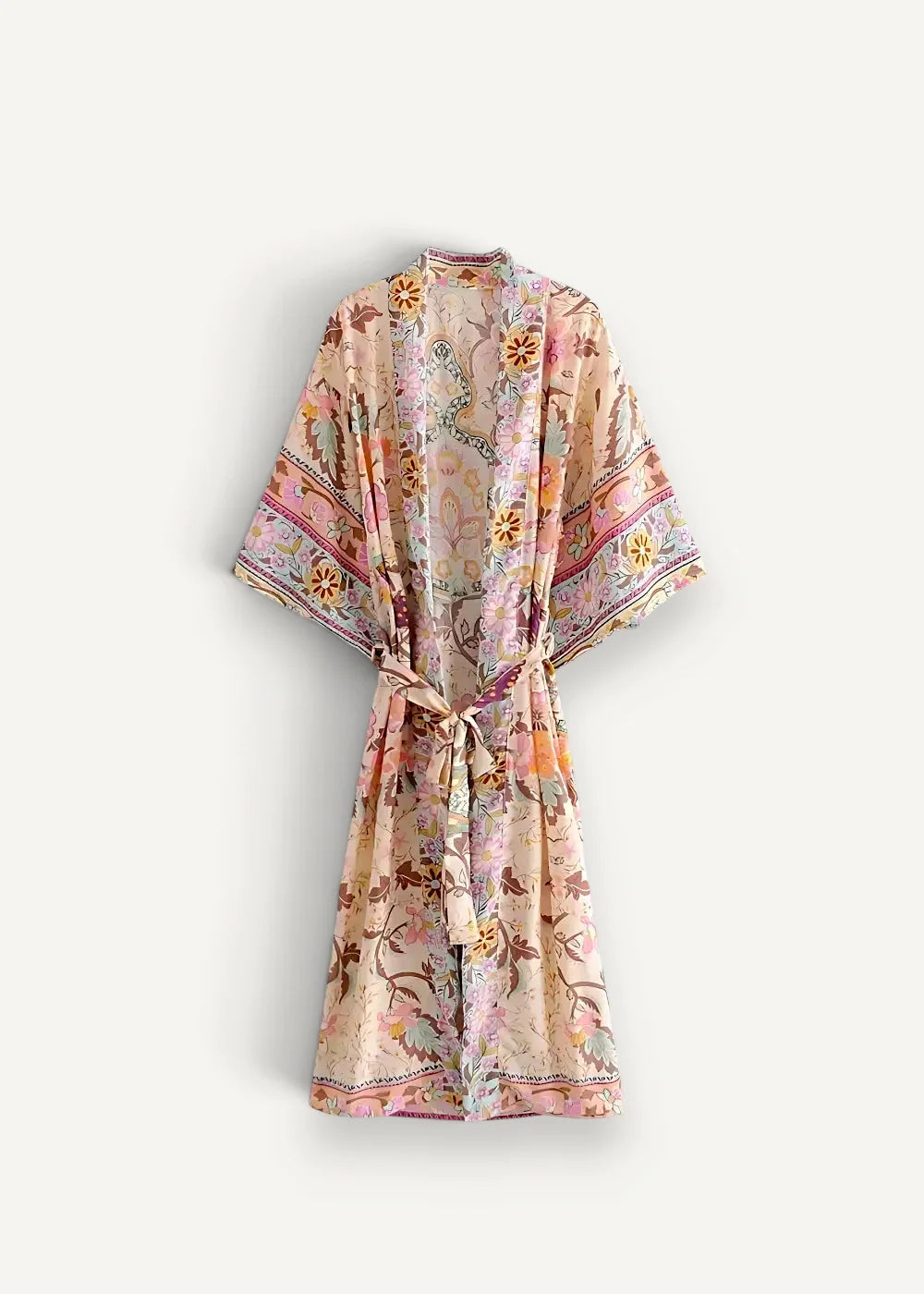 A soft peach floral kimono cardigan with delicate muted pink yellow and green vine patterns