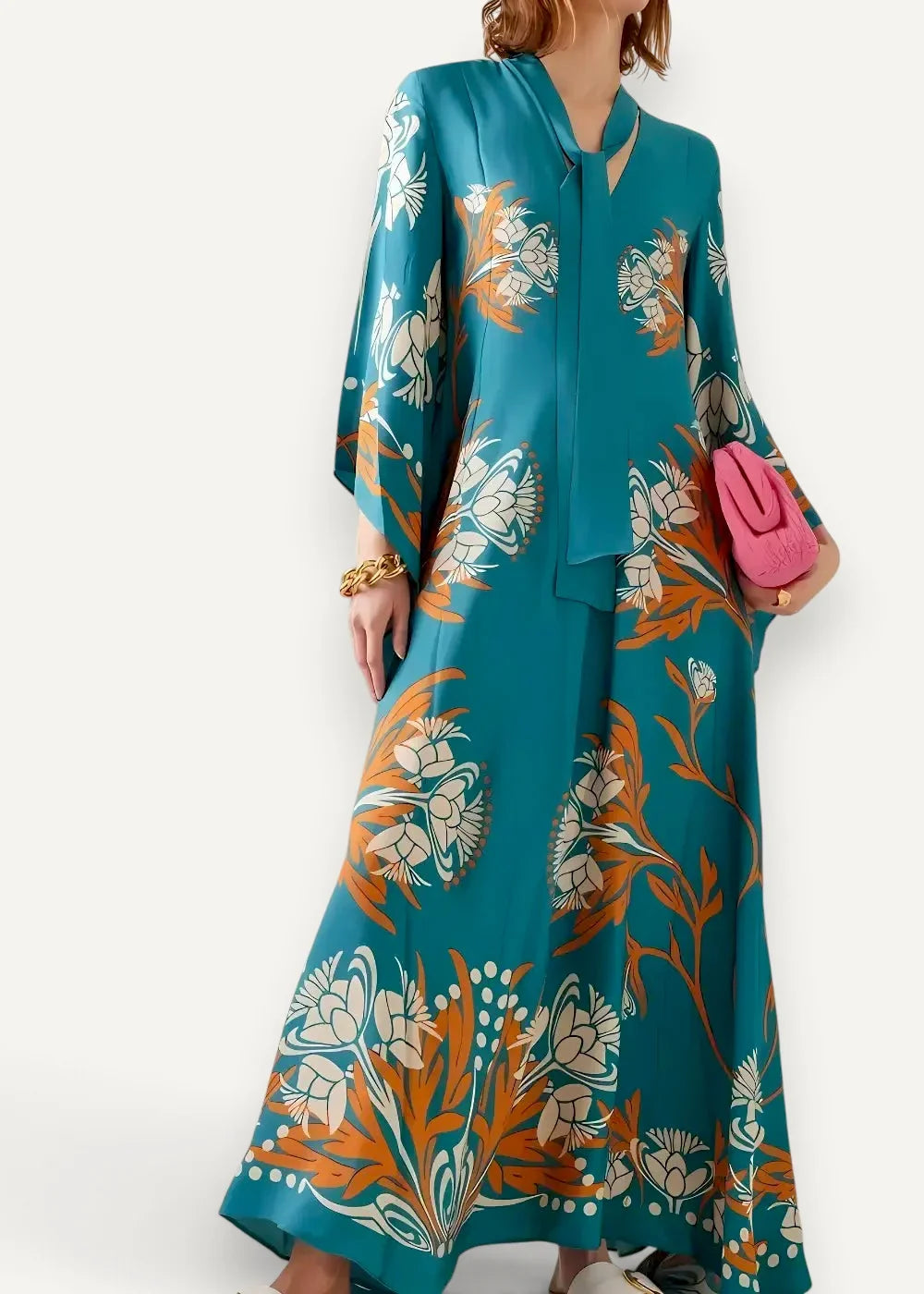 Teal silk floral kimono maxi dress with white and orange pattern perfect for elegant occasions