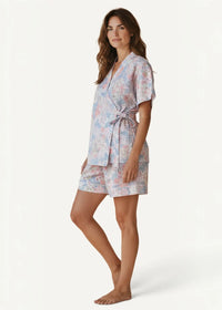 A soft lavender and pink floral print wrap-style kimono pajama set with matching belt for comfortable loungewear