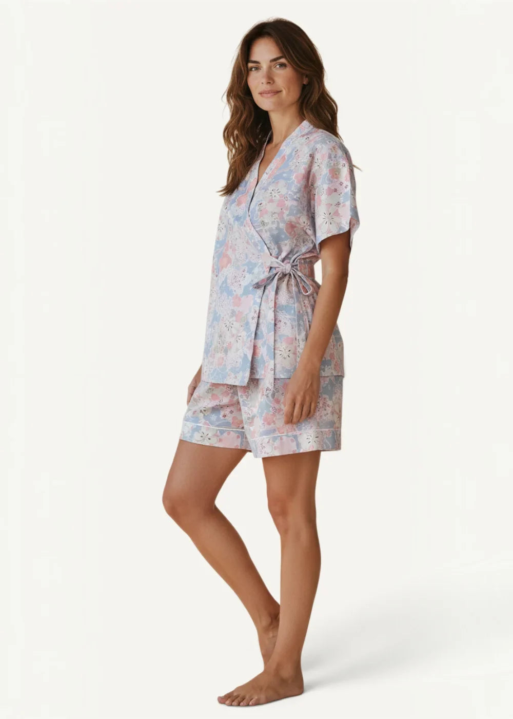 A soft lavender and pink floral print wrap-style kimono pajama set with matching belt for comfortable loungewear