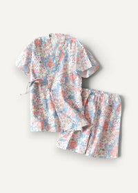 Floral kimono pajamas set with short sleeves soft fabric pastel pink blue and white cherry blossom pattern