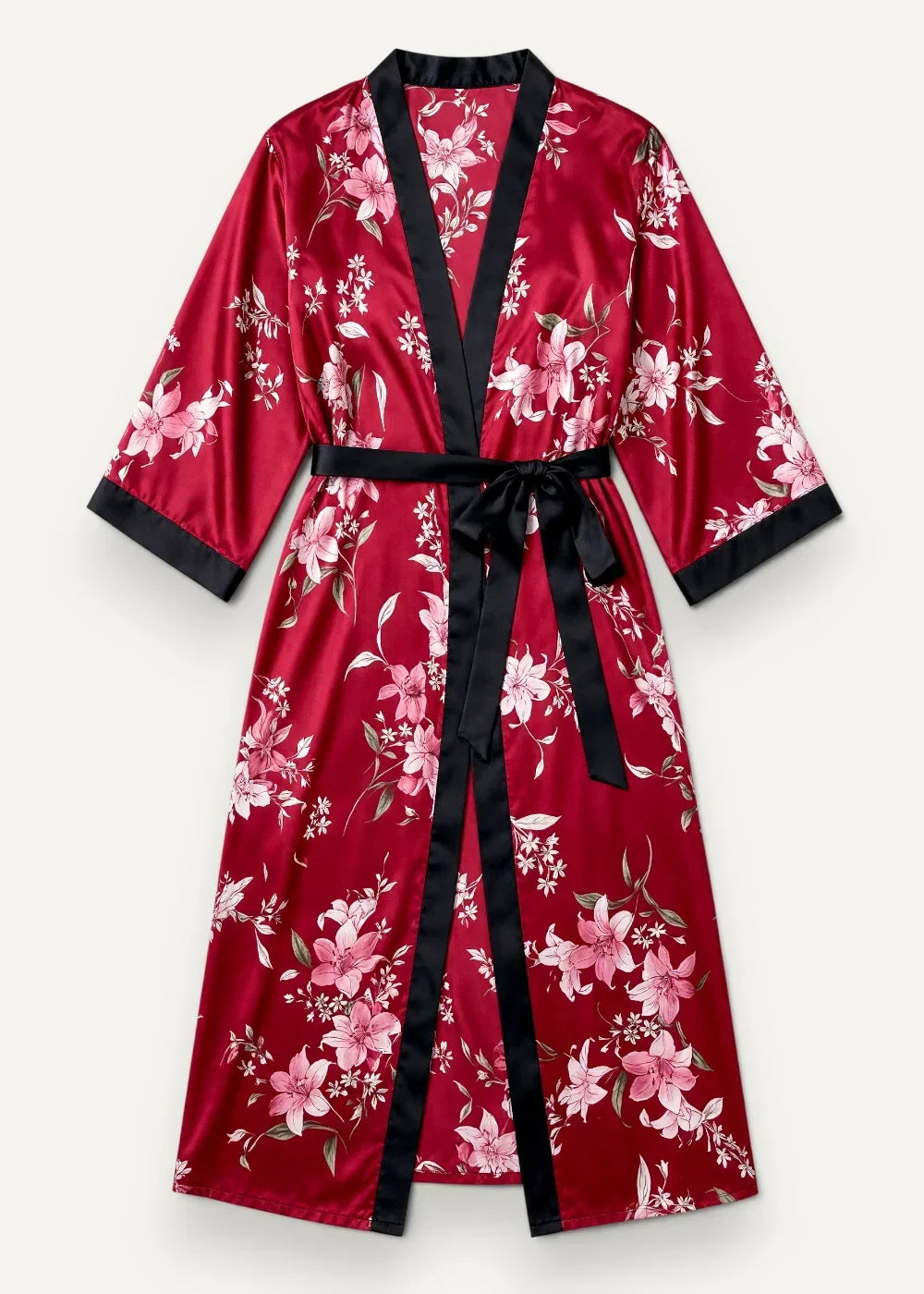 Floral kimono robe long in red satin with pink and white floral pattern and black trim on collar cuffs and waistband