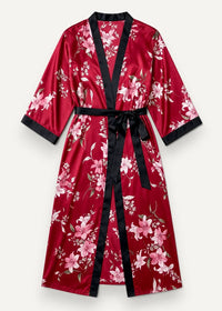 Floral kimono robe long in red satin with pink and white floral pattern and black trim on collar cuffs and waistband