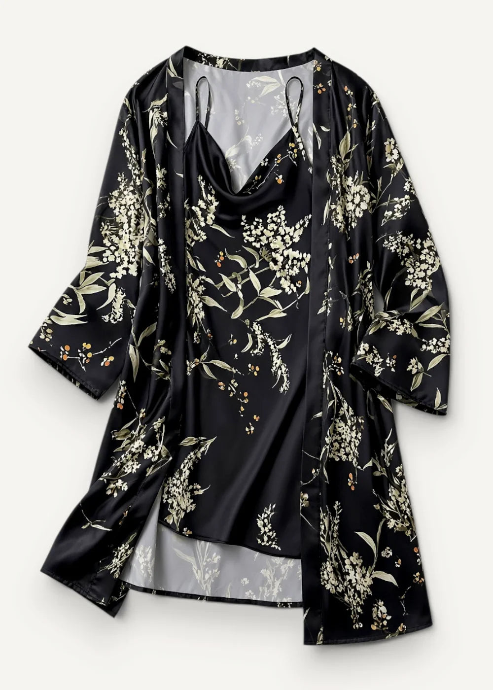 Black satin robe with white and pale green floral pattern and sheer lining in a floral nightgown and robe set