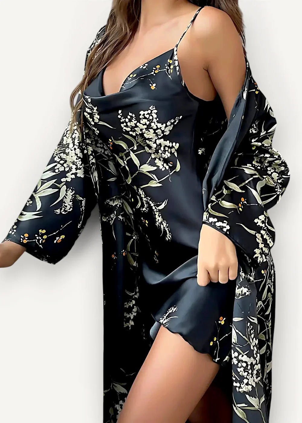 Black satin robe with delicate white and green floral embroidery from the floral nightgown and robe set