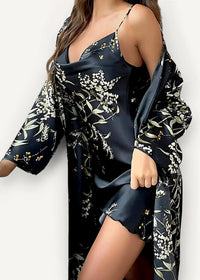 Black satin robe with delicate white and green floral embroidery from the floral nightgown and robe set