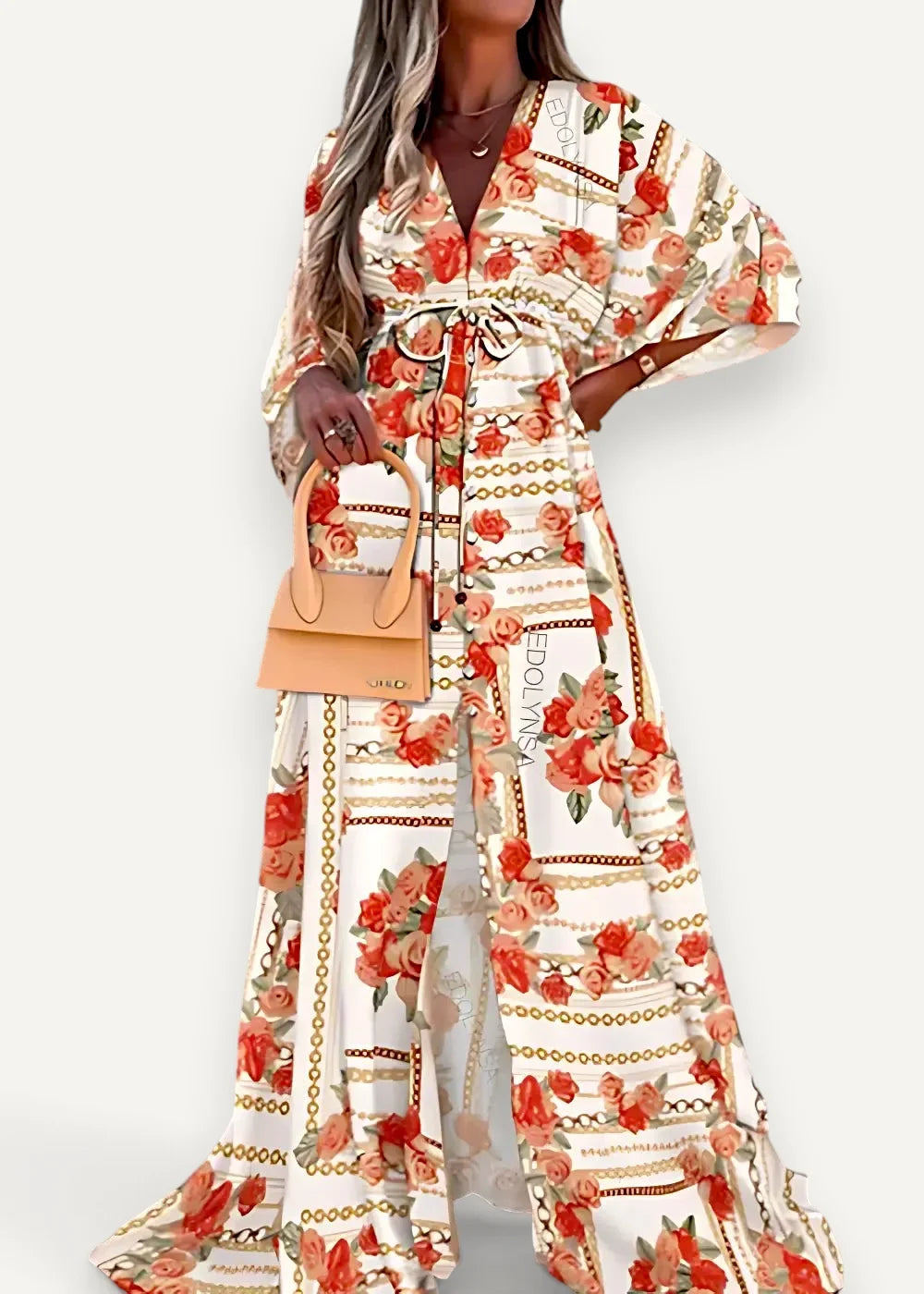 A flowing cream long-sleeved floral print kimono dress with vibrant red rose and gold chain pattern