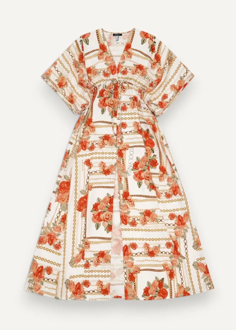 A flowing off-white floral print kimono dress with orange roses and gold chain motifs for elegant wear