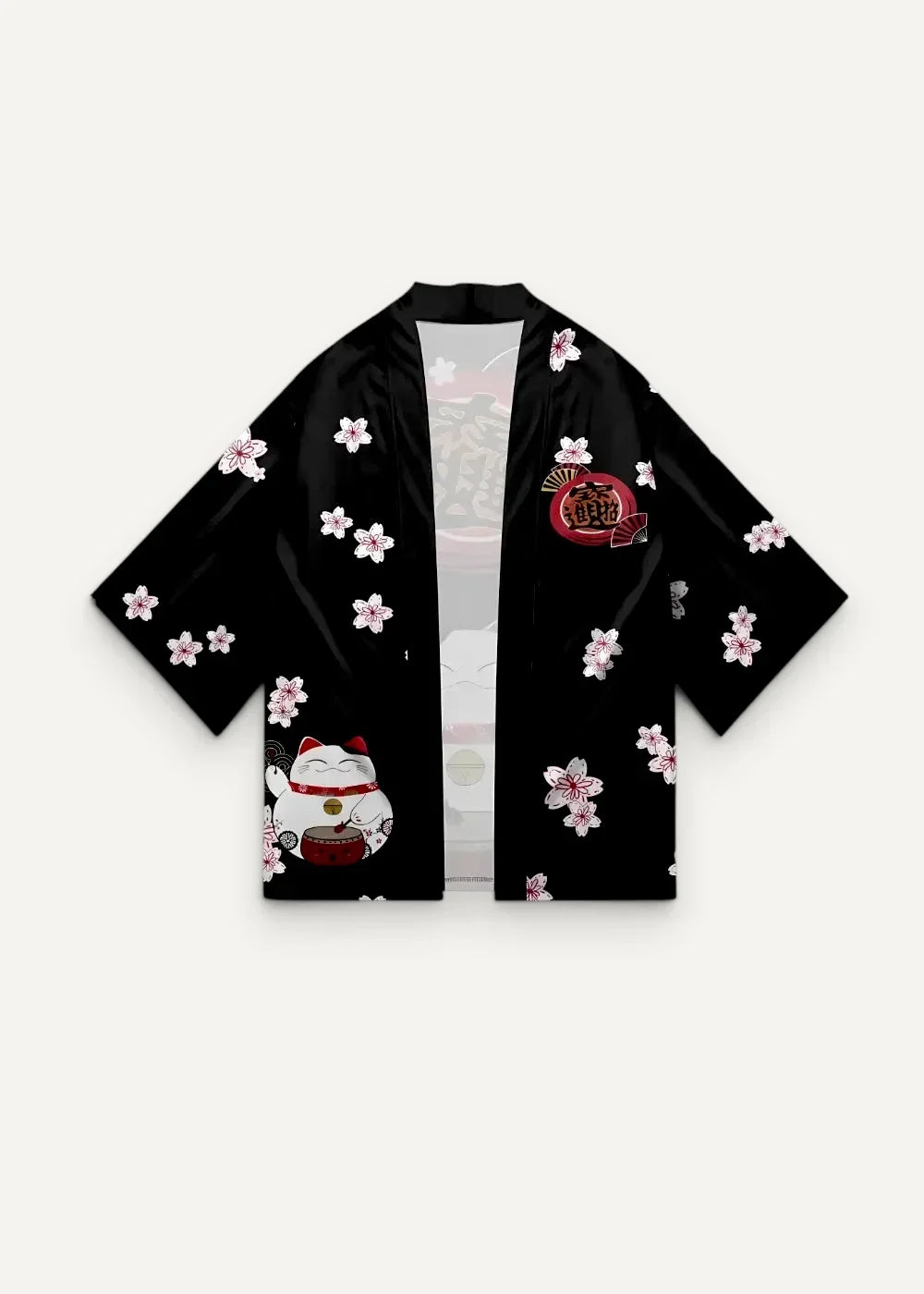 Black japanese-style floral print kimono jacket with white cherry blossoms, lucky cat motif, and red chest accents