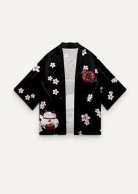 Black japanese-style floral print kimono jacket with white cherry blossoms, lucky cat motif, and red chest accents