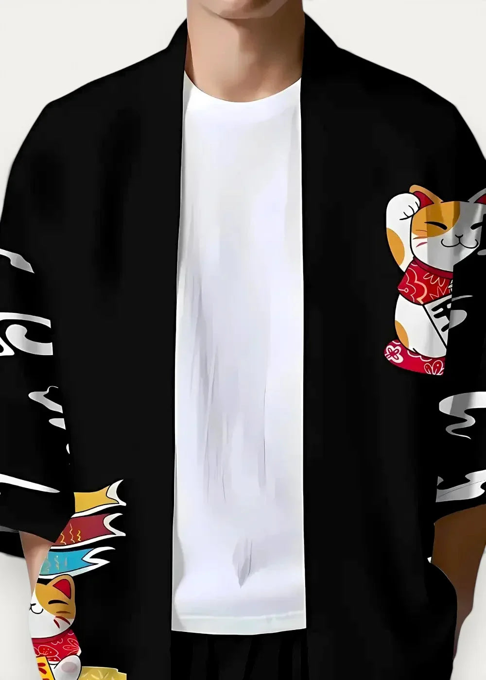 Black japanese style floral print kimono jacket featuring playful orange white and red maneki neko with wave patterns
