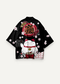 Black floral print kimono jacket featuring a white maneki-neko cat with cherry blossoms and fans pattern