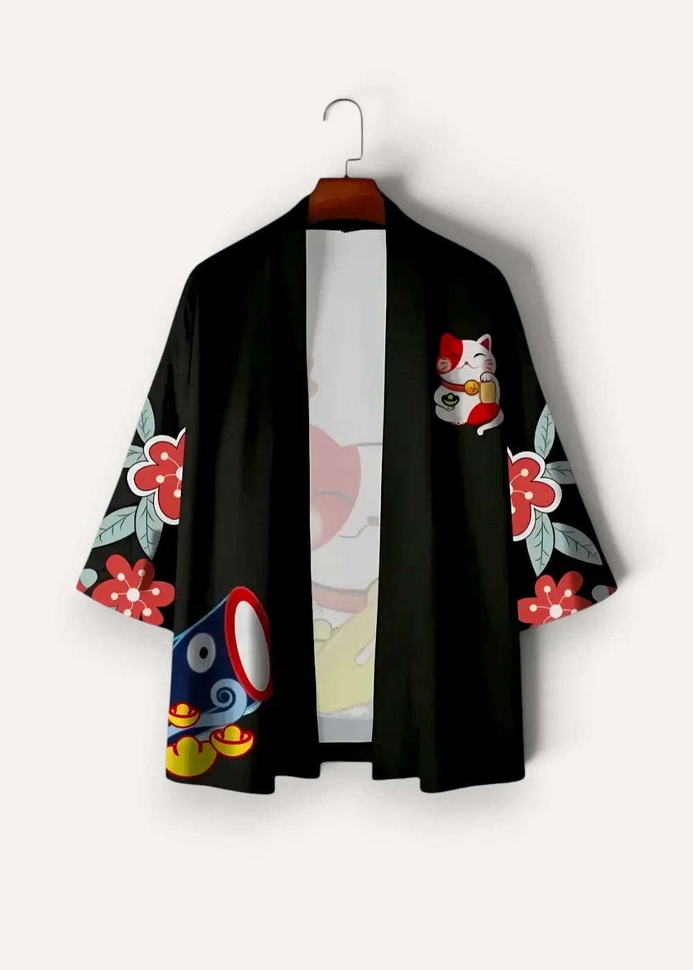 Black kimono jacket with vibrant red and blue cartoon character prints on sleeves and front for casual wear