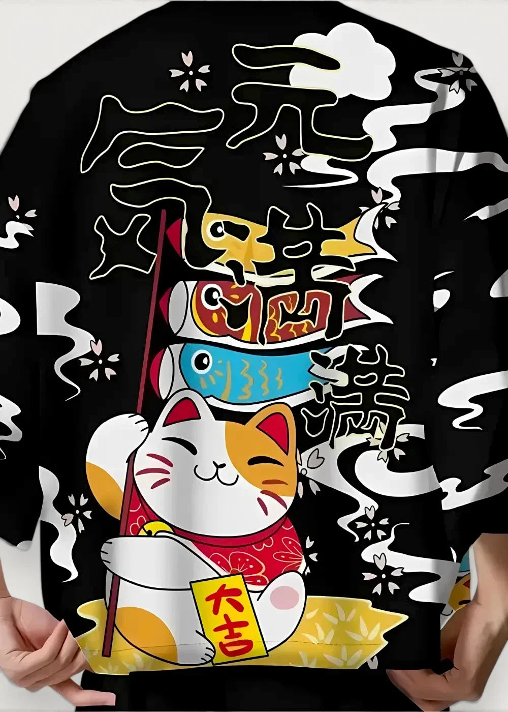 Black floral print kimono jacket with vibrant cartoon lucky cat design in red and yellow accents on back side