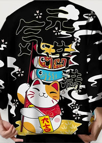 Black floral print kimono jacket with vibrant cartoon lucky cat design in red and yellow accents on back side