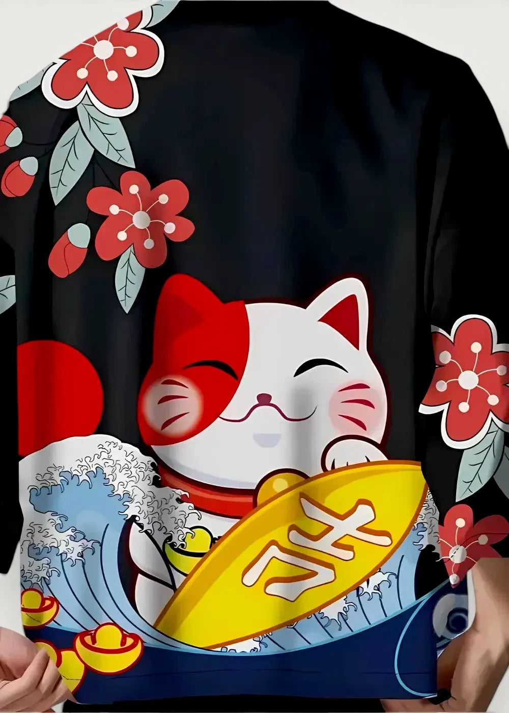 Black floral print kimono jacket featuring a vibrant red and white lucky cat graphic with blue waves and red flowers
