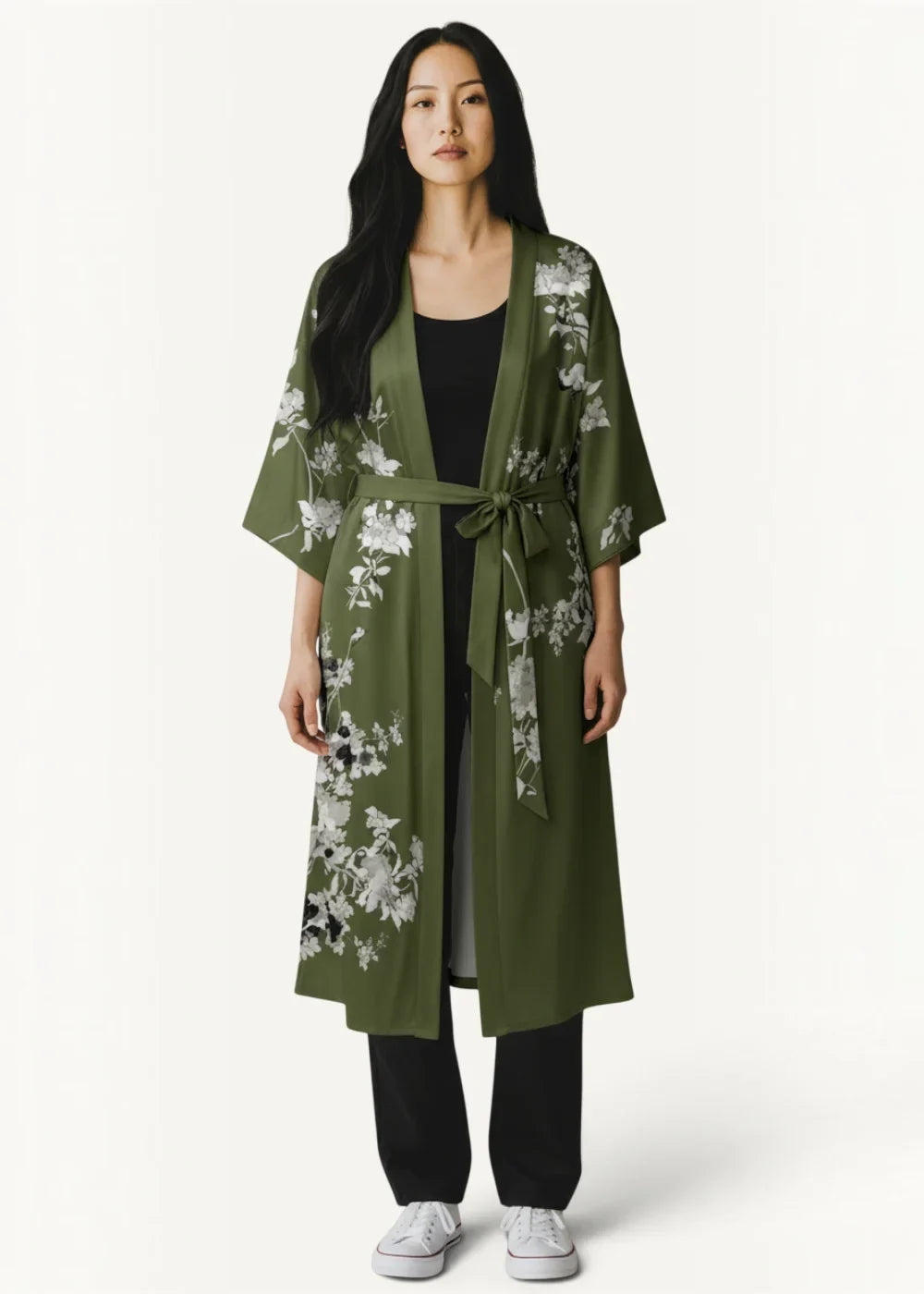 Olive green floral print satin robe with white blossoms and matching belt tied at the waist