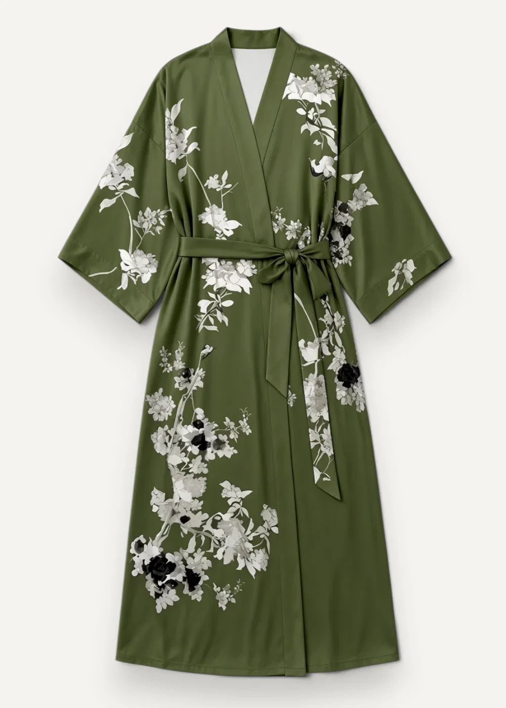 Olive green floral print satin robe with delicate white and black flowers and a matching belt tied at the waist