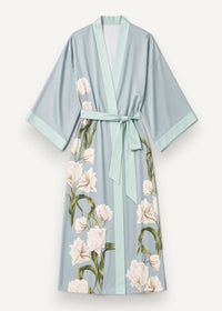 A light blue floral satin kimono robe with a delicate white pattern and matching belt for elegant loungewear