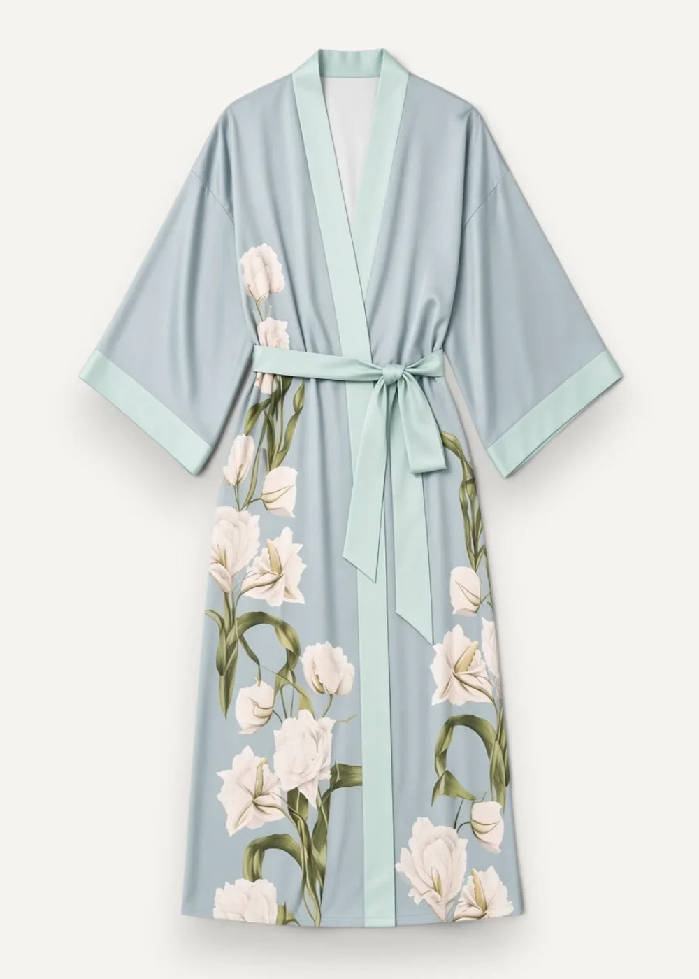 A light blue floral satin kimono robe with a delicate white pattern and matching belt for elegant loungewear
