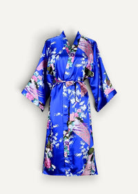 Vibrant royal blue satin floral kimono with intricate pink peacock and floral patterns and a matching belt