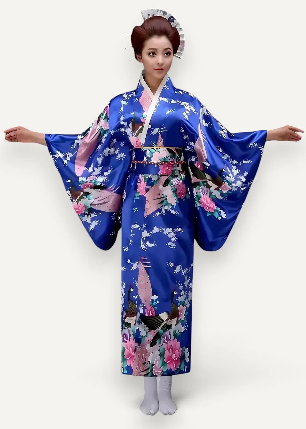 Floral silk robe in vibrant royal blue with pink white floral and peacock designs featuring white collar and obi belt
