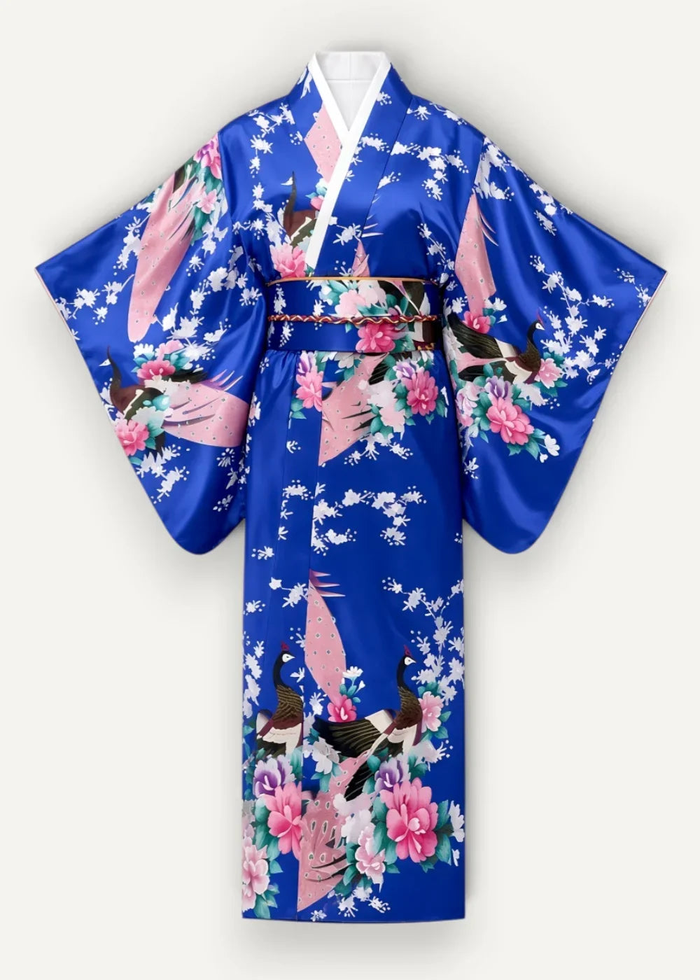 Vibrant royal blue silk floral silk robe with pink peacocks blossoms and a matching floral obi belt visible from the front