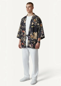 Black floral-patterned kimono jacket flower haori with vibrant orange yellow and green botanical motifs