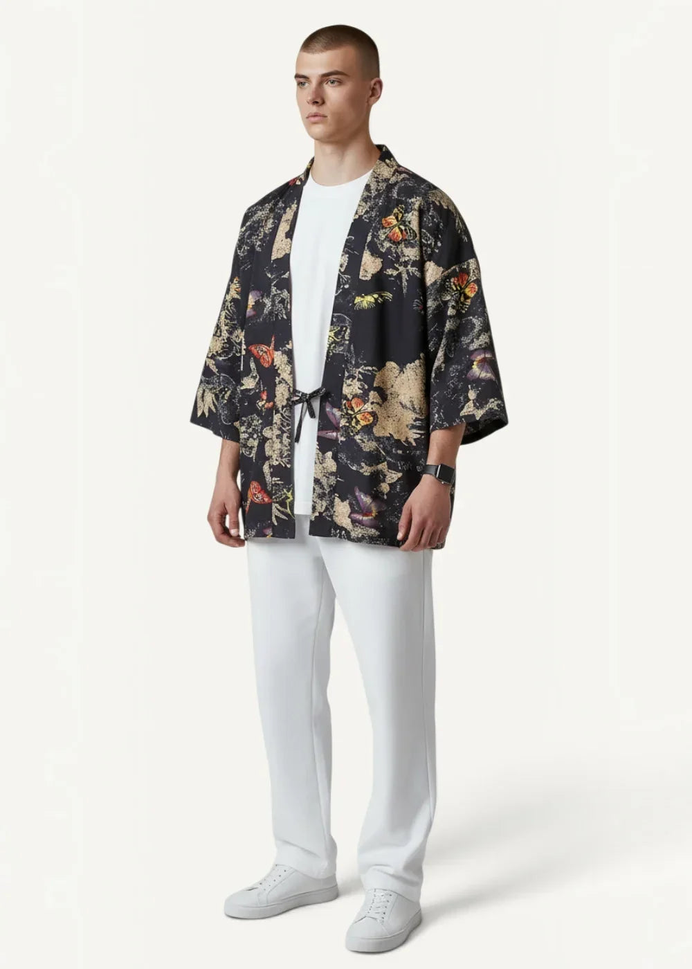 Black floral-patterned kimono jacket flower haori with vibrant orange yellow and green botanical motifs