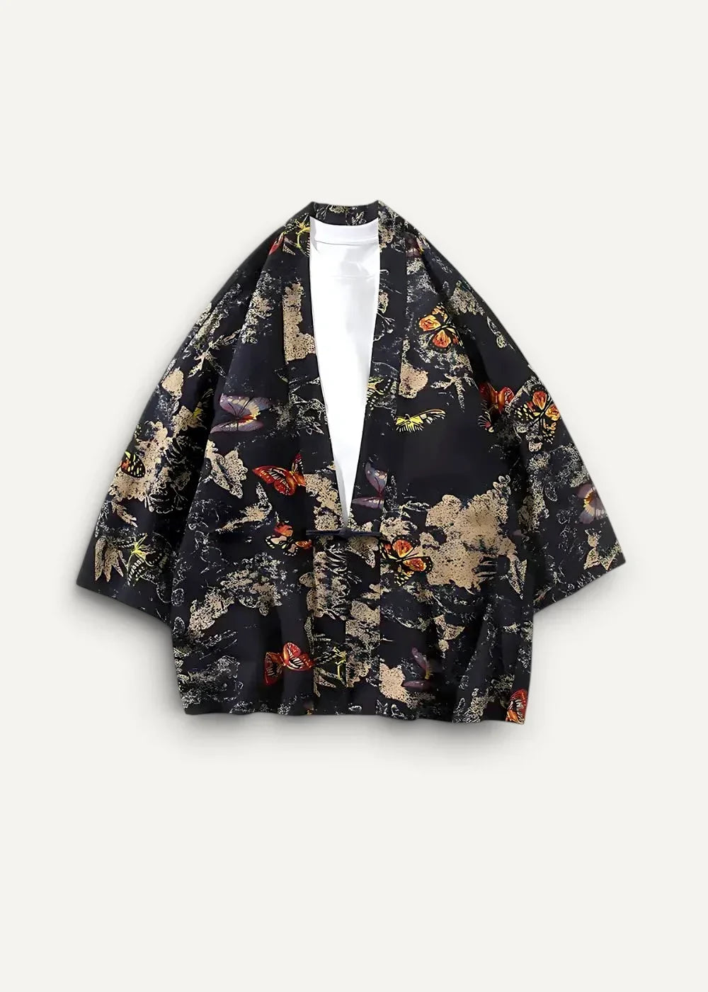 Black flower haori kimono-style jacket with vibrant orange butterfly and floral pattern in beige and muted green hues