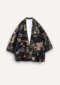 Black flower haori kimono-style jacket with vibrant orange butterfly and floral pattern in beige and muted green hues