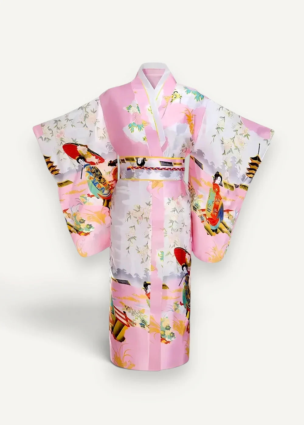 Formal japanese kimono in pink and white featuring vibrant geishas pagodas and bamboo traditional print