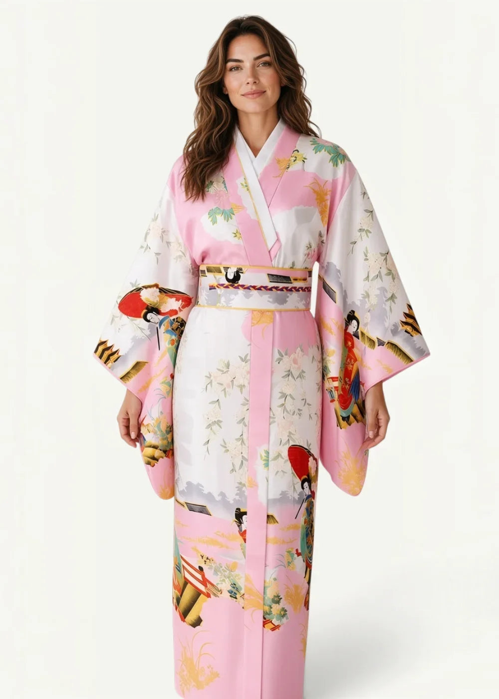 A woman wears a pink and white formal Japanese kimono with traditional motifs wide sleeves and an ornate obi belt