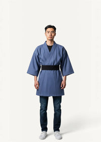 Formal kimono for men in blue traditional fabric with a black obi belt shown from the front view