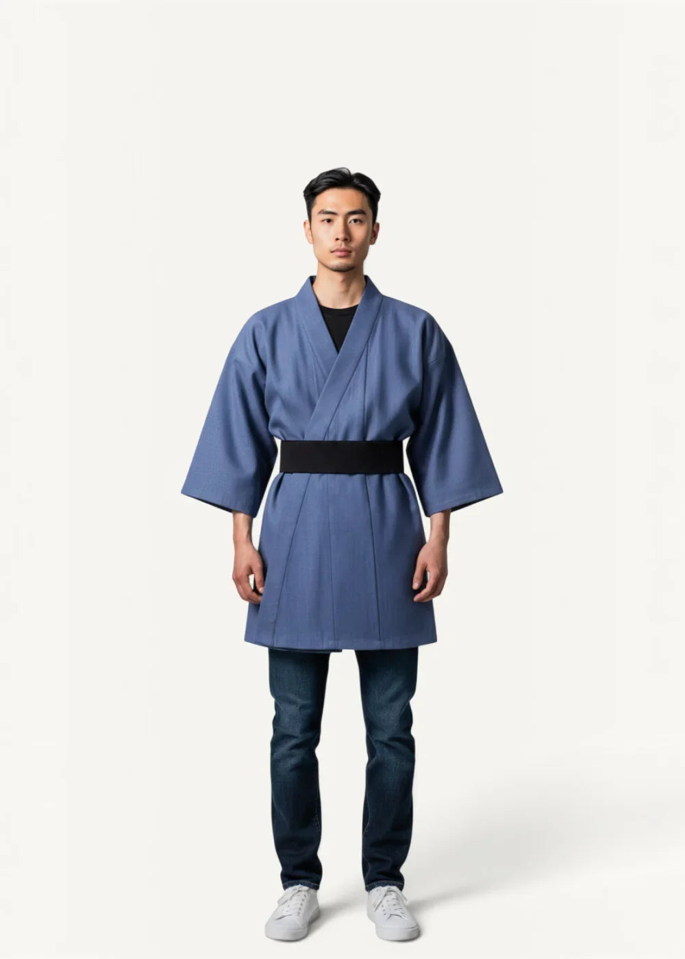 Formal kimono for men in blue traditional fabric with a black obi belt shown from the front view