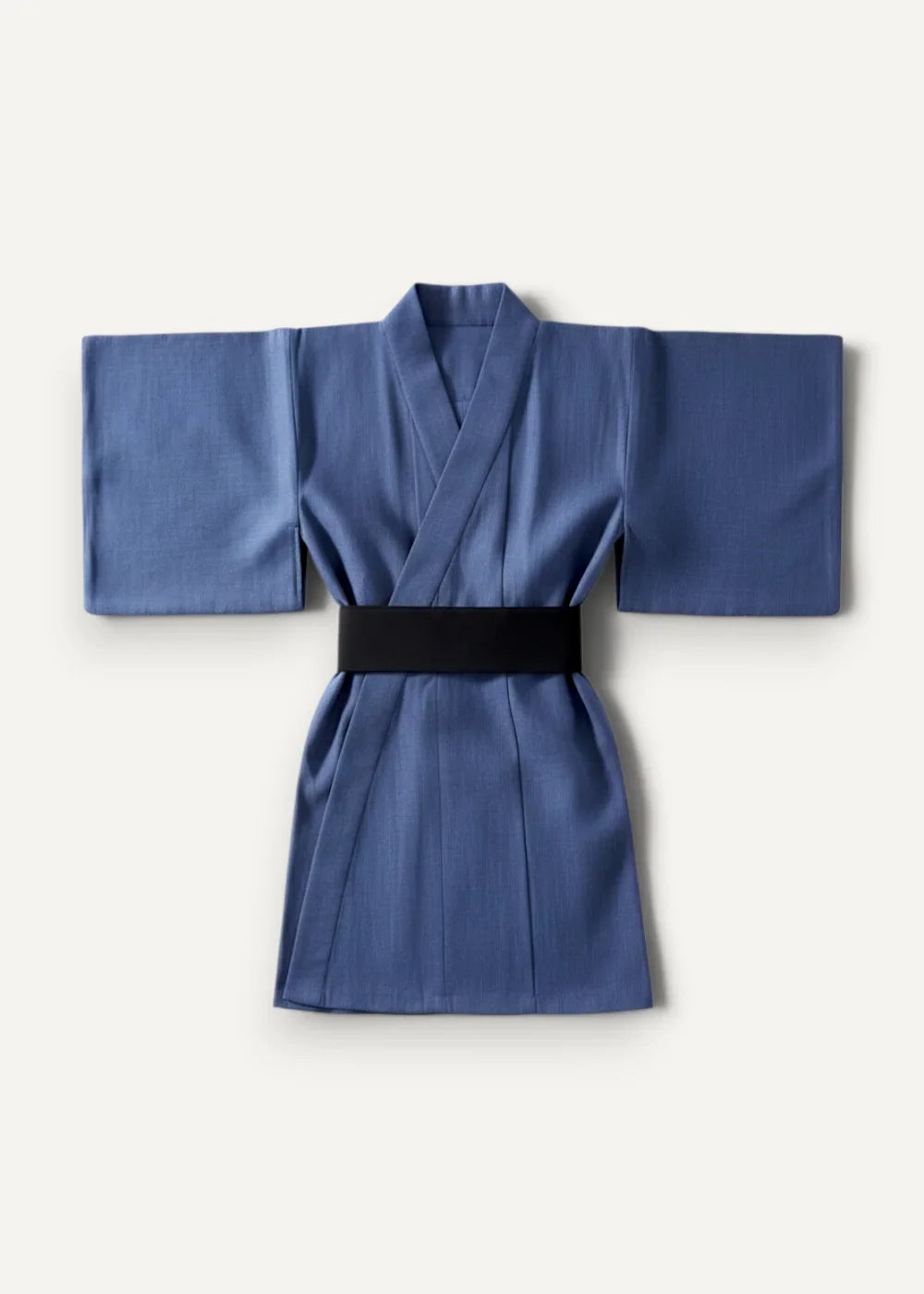 Formal kimono for men in navy blue silk with a black obi belt shown from the back side