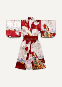 Formal kimono featuring a vibrant red and white silk fabric with intricate floral and traditional Japanese scene prints and matching obi belt
