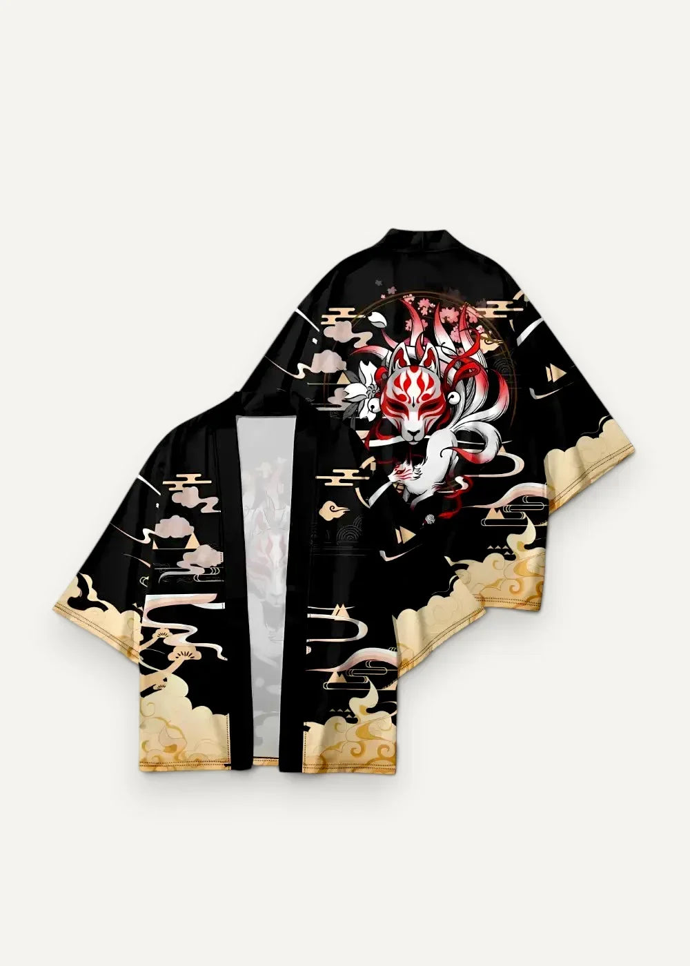 Black japanese-style fox haori kimono featuring vibrant red and white fox with gold cloud motifs on the back side