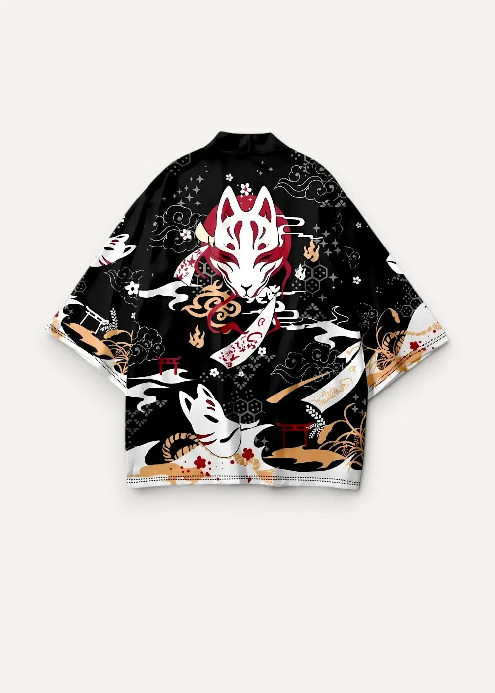 Black kimono-style fox haori jacket with bold white and red fox mask and intricate gold and white japanese patterns
