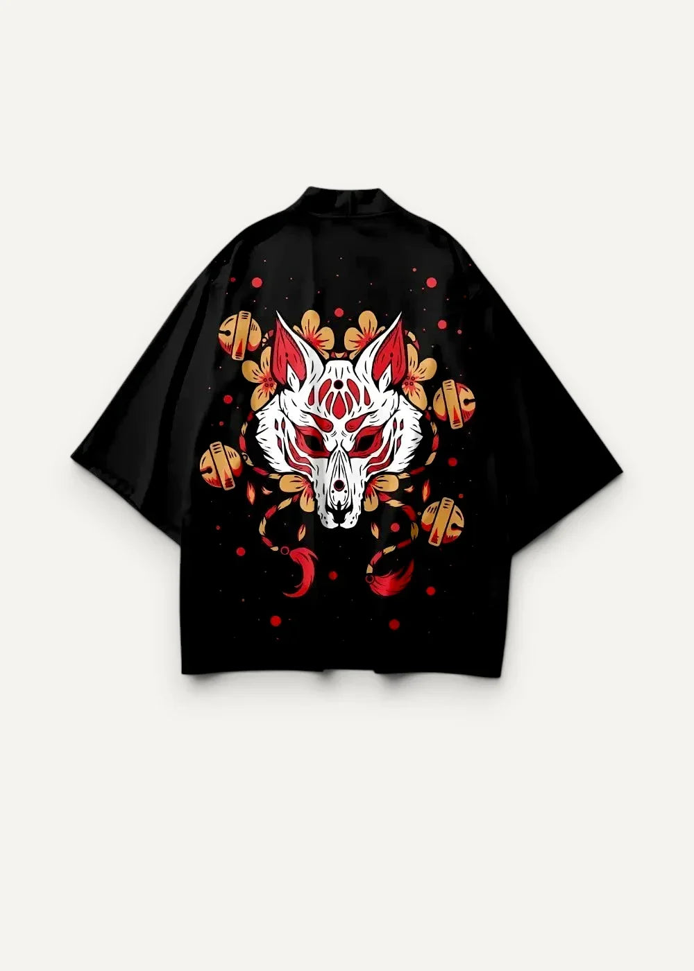 Black kimono-style fox haori jacket with white fox skull red and gold floral patterns bells and crescent moons on back