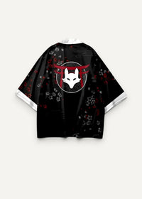 Black fox haori kimono jacket with white fox and red torii gate emblem and subtle cherry blossom patterns