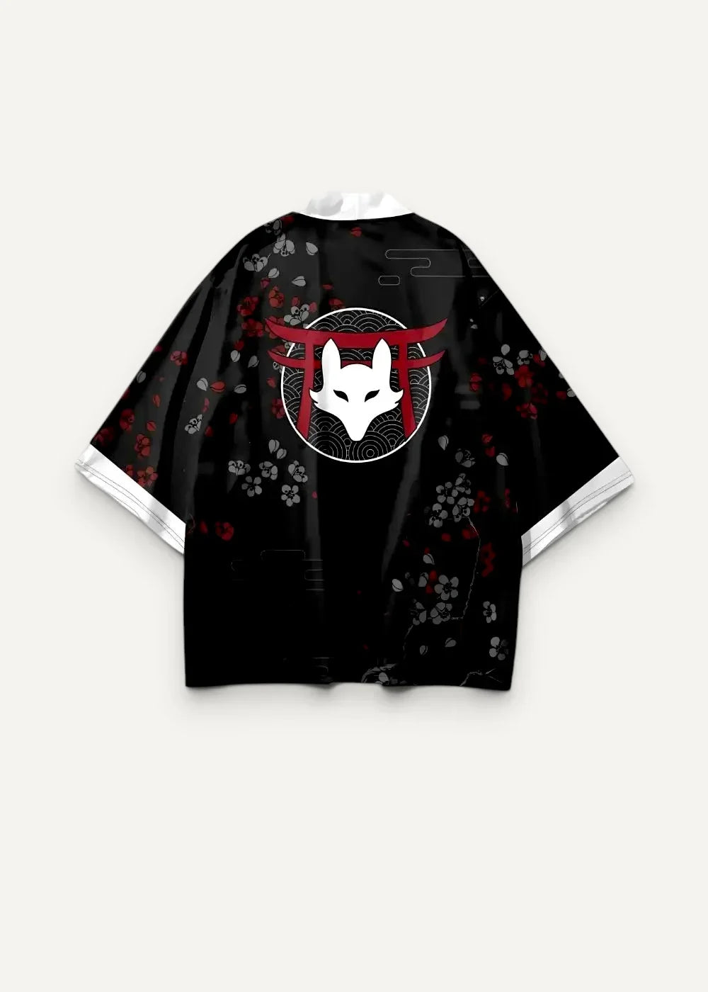 Black fox haori kimono jacket with white fox and red torii gate emblem and subtle cherry blossom patterns