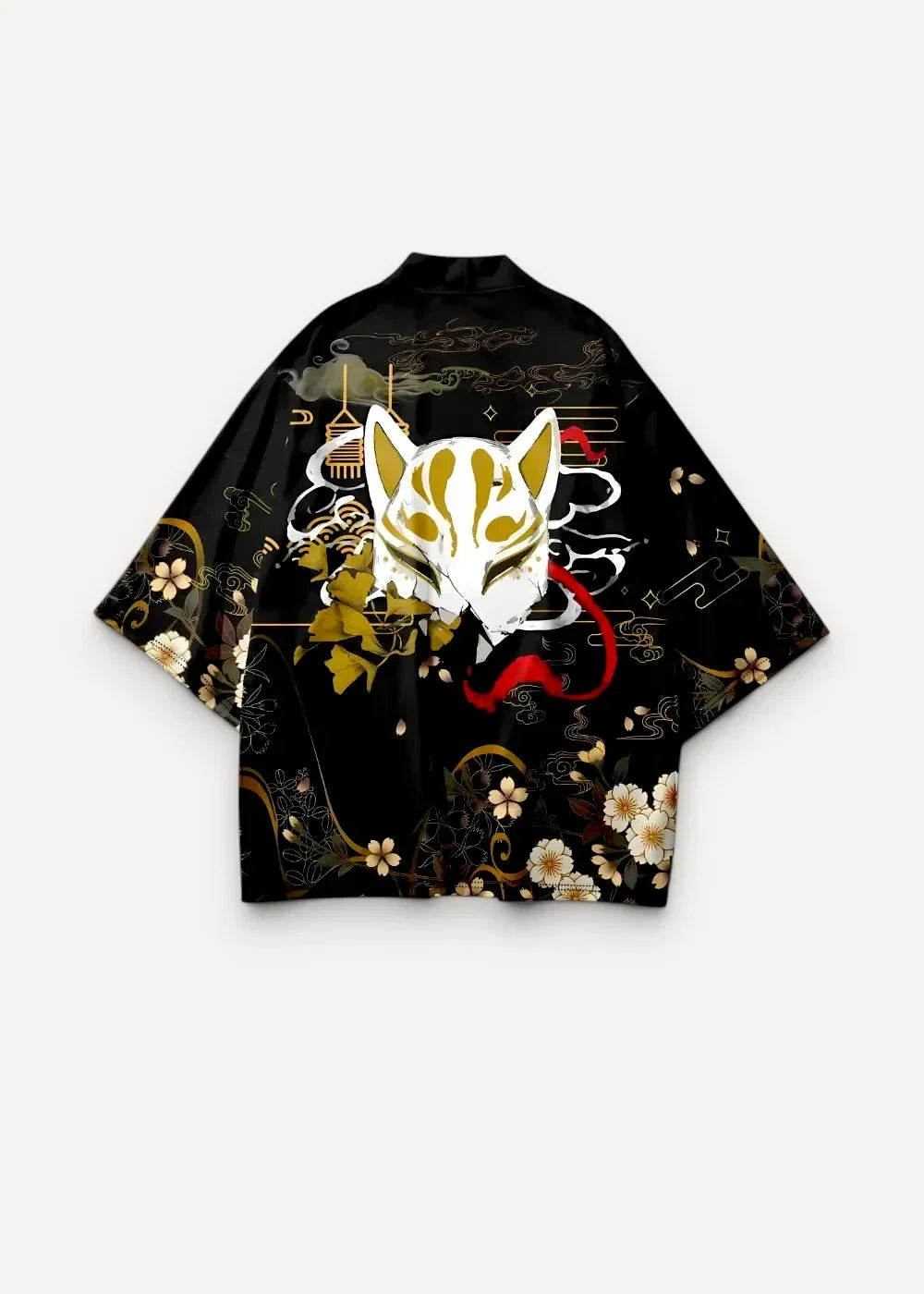 Black fox haori kimono featuring a white fox mask design with gold and red accents and cream yellow floral patterns