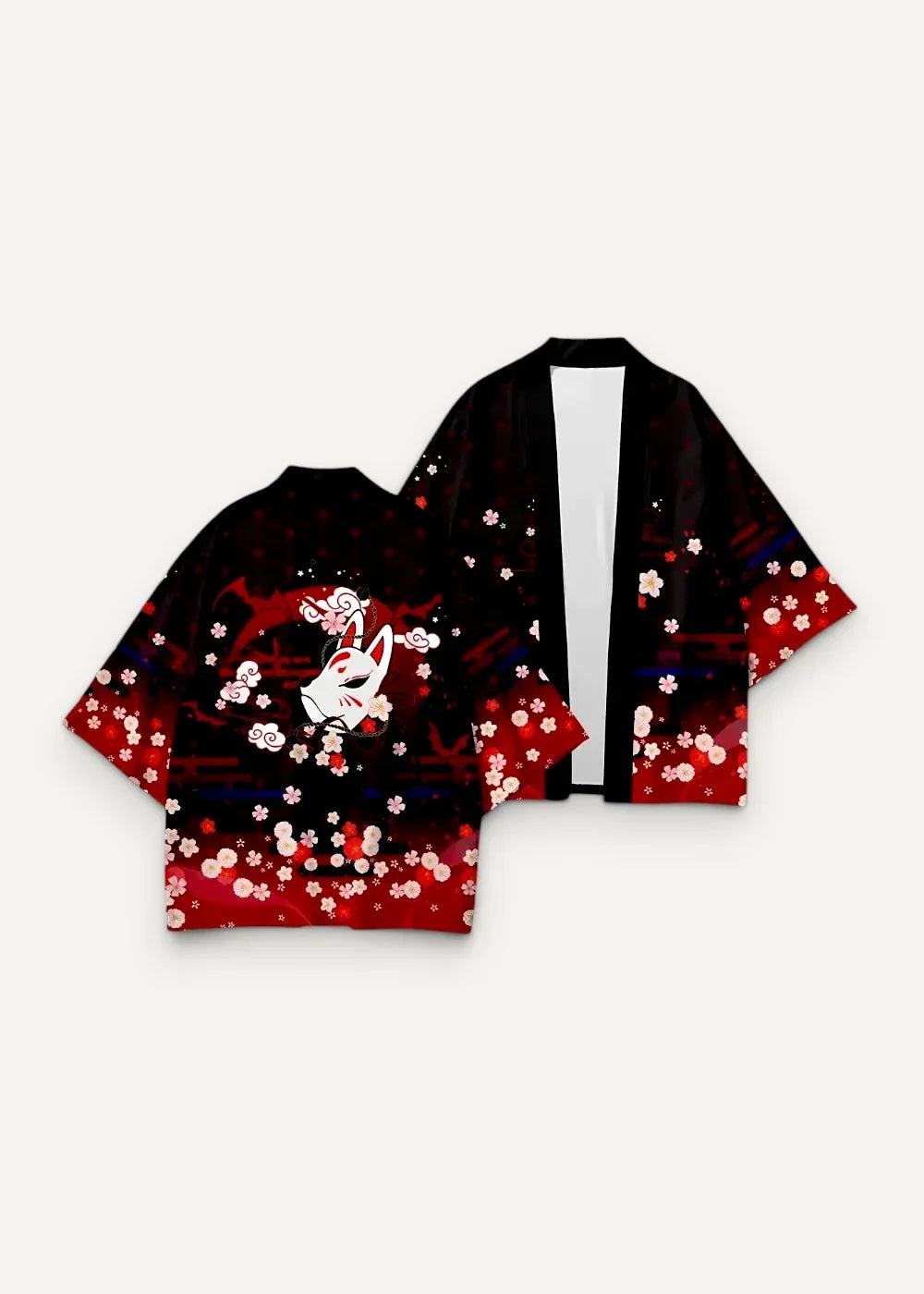 Black and red gradient fox haori kimono with white cherry blossom pattern and central fox design shown from the back side