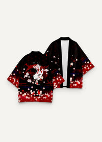 Black and red gradient fox haori kimono with white cherry blossom pattern and central fox design shown from the back side
