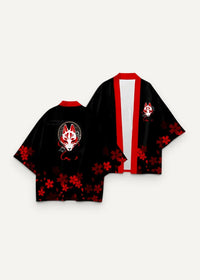 Black and red japanese-style fox haori with fox motif on the back and cherry blossom patterns on fabric