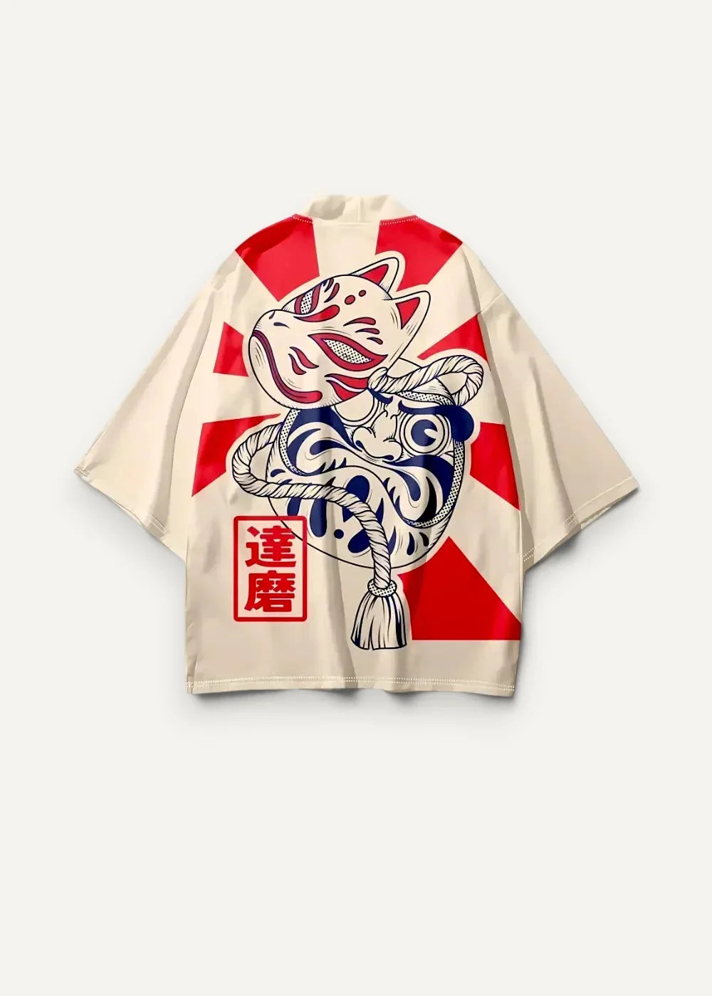 Back side of cream-colored fox haori featuring a bold red and blue japanese-style fox mask design